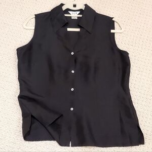 S.L.B. 100% Silk Black Collar V-Neck Sleeveless Button Up Blouse Top, Med, EUC